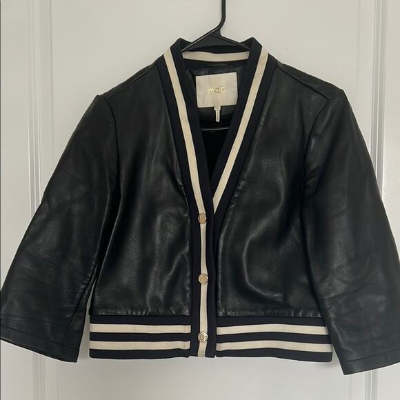 Maje Black and Cream Varsity Jacket leather cropped 3/4 sleeves 40 US 8 - Picture 2 of 8